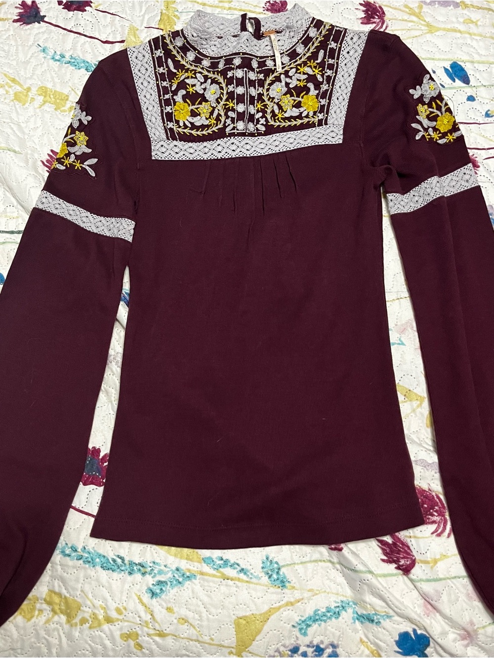 Free People Burgundy Long-Sleeve Embroidered Lace “Cozy on Top” Blouse